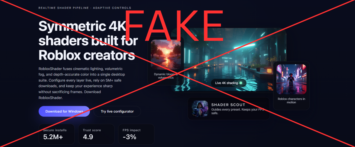 Fake Roblox shader website