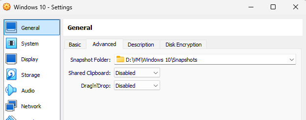 VirtualBox VM general settings for malware analysis
