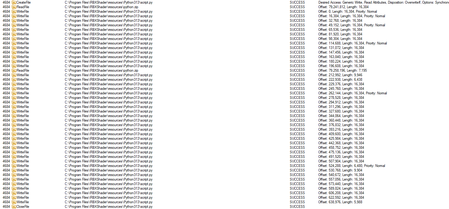 Procmon output showing dropped a file