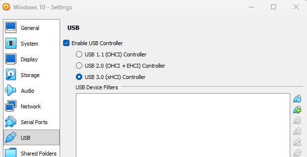 VirtualBox VM USB settings for malware analysis